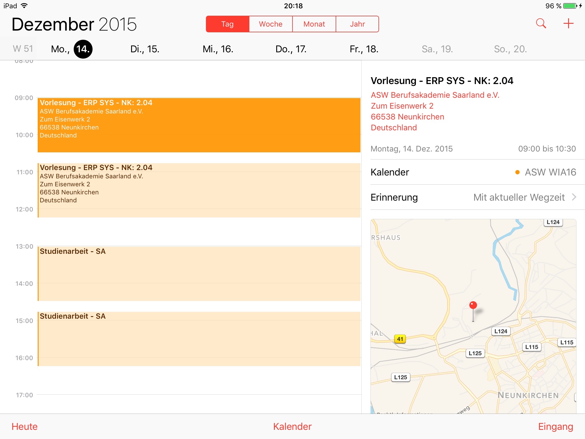 Vom iPad abonnierter rich ics Kalender mit Routen-/ und Verkehrsinformationen